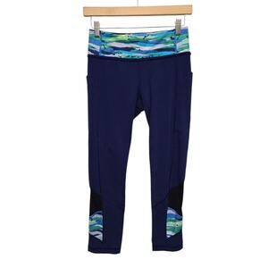 Lululemon Pace Rival Crop Leggings Womens Size 4 Stripes Teal‎ Blue Pocket